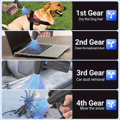 Turbine fan with 140000 revolutions per minute powerful blowing -4-speed speed regulation, multi head nozzle, LED light, suitable for car snow removal, computer dust removal, grill cleaning, outdoor camping, and home ventilation maintenance, wireless port