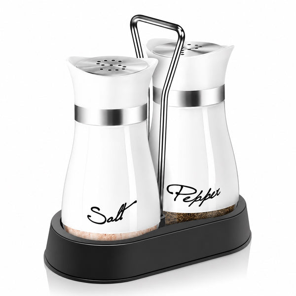 Salt and Pepper Shakers Set with Holder - Stainless Steel Seasoning Containers for Kitchen Counter Dining