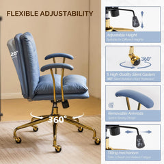 Office Chair Desk Chair with Wheels & Removable Armrests Gold Base Vanity Chair with Back Adjustable Rolling Swivel Computer Task Chair PU Leather