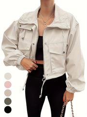 Womens Cropped Jacket Zip Up Lightweight Oversized Utility Anorak Coat with Pockets