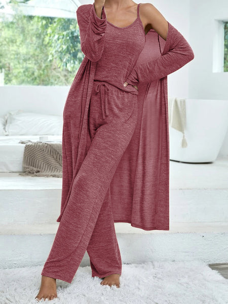Women's casual home suit solid color mid-length cardigan solid color camisole imitation lace-up trousers three-piece suit for women