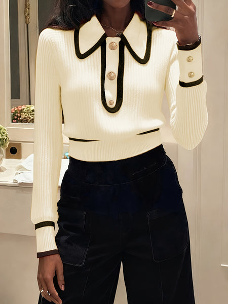 Women's Pullover Sweater for Autumn/Winter, Can Be Worn as an Inner or Outer Layer, Comfortable, Warm, Elegant, and Features a Spicy Design with a Spliced Lapel and Exquisite Metal Buttons. Suitable for Commuting, Dates, and Valentine's Day
