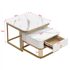 Modern Pedestal Base Space Saving Coffee Table Set of Two, Engineered Wood and Artificial Board Construction, Hardwood, Black Finish, High Gloss Stone Table Top, Metal Golden Accents, with Drawer, Without Electricity, Battery Free.