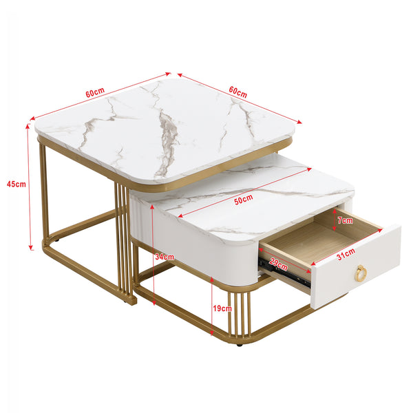 Modern Pedestal Base Space Saving Coffee Table Set of Two, Engineered Wood and Artificial Board Construction, Hardwood, Black Finish, High Gloss Stone Table Top, Metal Golden Accents, with Drawer, Without Electricity, Battery Free.
