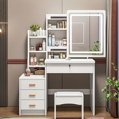 Dressing Table with LED Lights And Adjustable Brightness, Vanity Desk with Mirror, 4 Drawers, 6 Hidden Shelves, And Stool, Makeup Desk for Bedroom, Modern Makeup Table with Mirror And Chair (White)