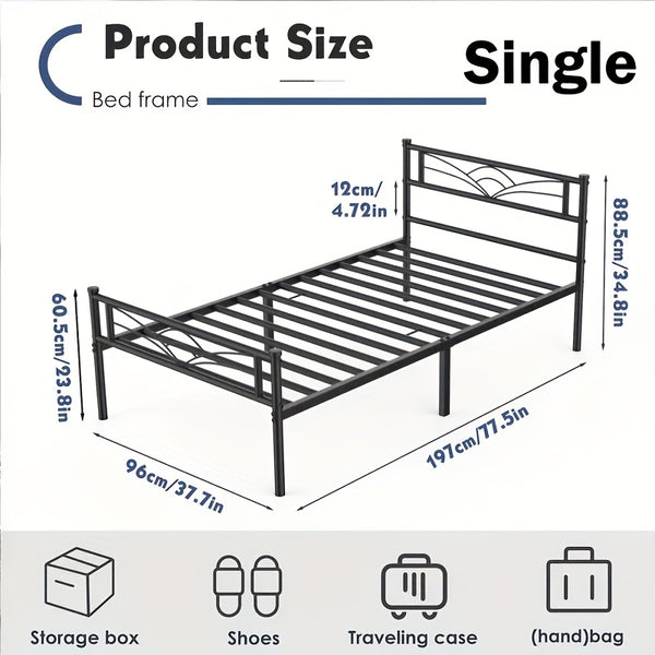 Sleek Black Metal Bed Frame Featuring a Stylish Headboard | Durable Steel Build | Silent Operation | Accommodates Various Mattress Sizes | Perfect for Bedrooms, Dormitories, Or Rental Spaces