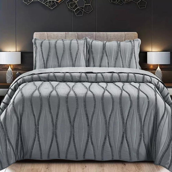 Luxury 3-Piece Embossed Quilted Bedspread Set – Super Soft All-Season Microfiber Comforter with Matching Pillow Shams, Elegant Wave Design, Bed Throw Single Double King Size, Lightweight Yet Warm Modern Bedding Set, Ideal for Modern or Traditional Homes