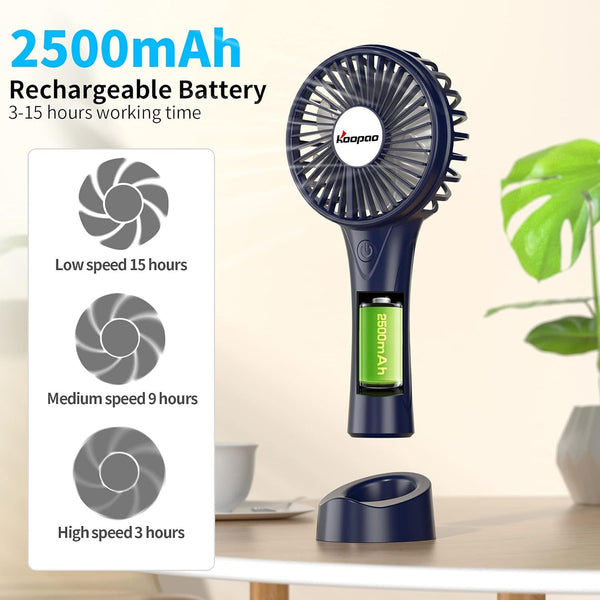 KOOPAO Handheld Mini Fan Rechargeable 2500mAh | Portable USB Desk Fan with 3 Speeds | Quiet Personal Fan with Stand & Phone Holder for Home Office Travel