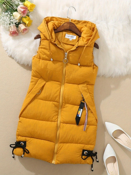 Women's Elegant Sleeveless long vest - Winter Warm Coat, Zipper Closure Front, Loose Fit Non-Stretch Outerwear, Sophisticated Formal & Everyday Chic Outerwear for Fall/Winter Seasons, Cold Weather Wear, Modern Aesthetic, Durable Construction, Casual Wear