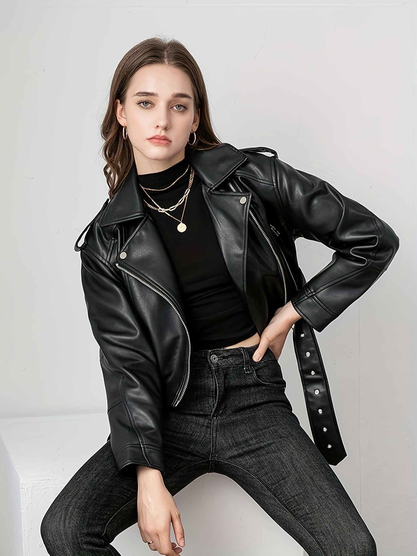 Women'S PU Motorcycle Jacket with Full-Zip Front Closure, Asymmetrical Zipper & Belted Waist - All-Season Casual Biker Jacket, Regular Fit Long Sleeve, Full-Length Zipper & Buckle Closure, White/Black Color Options for Everyday & Motorcycle Riding - Durab