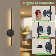2pcs 50cm Rechargeable Wall Sconce Lights, Battery Operated Wall Lights 3 Color Temperature, Wall Lamp Dimmable Wireless with Remote Control Black for Living Room Bedroom