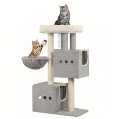 98 Cm Scratching Post, Cat Tree, Small Scratching Post, Multi-Storey Scratching Post with Perch, Cat House Furniture with 2 Caves, Sisal Cat Scratching Post, Hammock, Cave