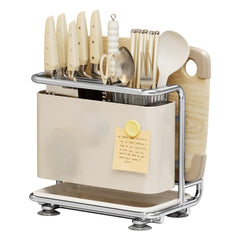 1pc Cream Kitchen Utensil Storage Rack with Drainage Tray, Multifunctional Cutlery Slots for Spoon, Knife, Fork, Shovel, Knives, Chopsticks, Chopping Boards, Pot Lids and More, Durable Structure, Compact Countertop Design, Versatile Kitchen Organizer, Des