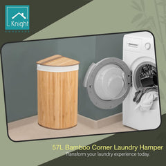 KNIGHT 57L Bamboo Laundry Hamper, Corner Laundry Basket with Swing Lid, Removable & Washable Lining, Easy to Assemble & Foldable Storage Bin,35x35x60 (Natural)
