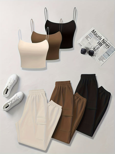6pcs Women'S Casual Short Camisole And Elastic Waist Pocket Work Pants Set for Spring And Summer, Solid Color Everyday Outfit