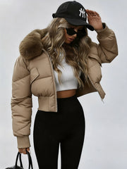Winter Women's Short Cropped Puffer Jacket with Thickened Winter Coat - Elegant Long-Sleeve Zippered Outerwear, Lined Collar & Waist Pockets, Machine Washable for Casual Winter Wear, Everyday Outfits & Light Outdoor