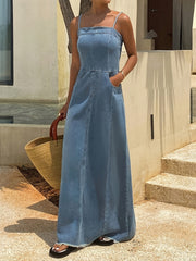 [2026Ss]Vintage Distressed Washed Denim Long Strap Dress, an Elegant And Stylish Outfit for Women, Made from Comfortable Fabric in a Retro Denim Style