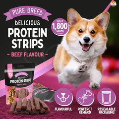 Pure Breed 12 Pack Dog Protein Strips Beef Flavour | High Protein Dog Treats | Low Calorie Soft Dog Training Treats | Resealable Bulk Dog Reward Snacks