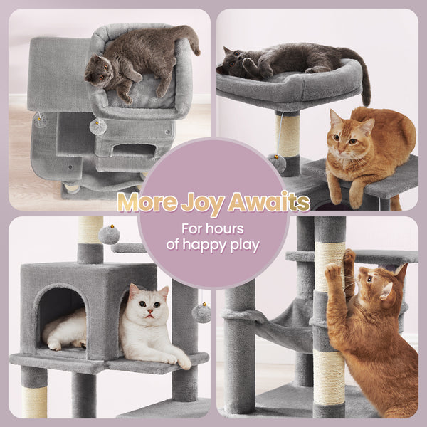 112 cm Cat Tree, Multi-Level Soft Plush Cat Tree, Cat Tower Condo with 4 Cat Scratching Posts, Hammock, Cave, Platform, Toys, Pink/White/Beige/Grey, Easy Assembly and Sturdy, Indoor Cat Furniture