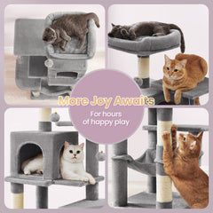 112 cm Cat Tree, Multi-Level Soft Plush Cat Tree, Cat Tower Condo with 4 Cat Scratching Posts, Hammock, Cave, Platform, Toys, Pink/White/Beige/Grey, Easy Assembly and Sturdy, Indoor Cat Furniture