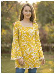Estationeryhouse Cotton Printed Kurta Top, Long Sleeves, with White Tassels and Drawstring for Adjusting at Back