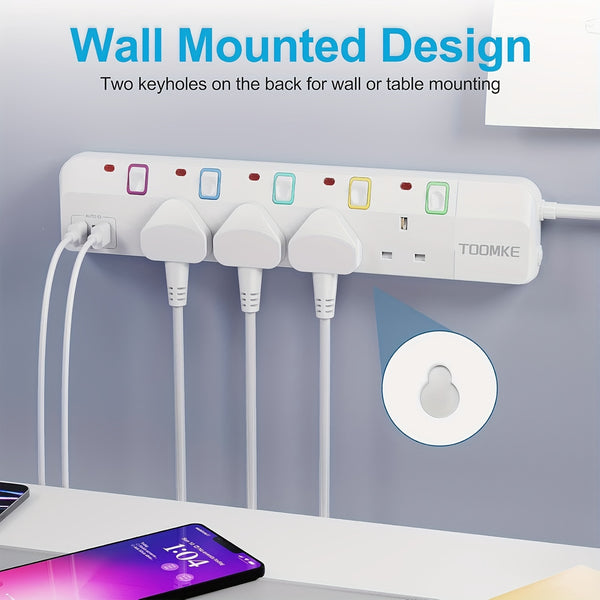 Toomke UK Plug Power Strip with 4 UK Sockets & 2 USB-A/1 USB-C Ports, 13A 3250W Heavy-Duty Extension Cord, Mountable Switched Outlet (1.5m) - Plug-in for /Office, PC, Appliances