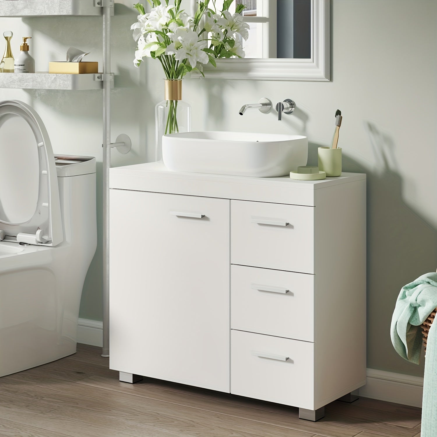 Under Sink Bathroom Cabinet, Storage Cabinet, with 3 Drawers, for Washbasins with Pedestal, 30 X 70 X 64cm, Cloud White