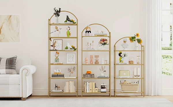 6 Tier Bookcase Bookshelf, Tempered Glass Bookshelves, Slim Shelving Unit for Bedroom, Bathroom, Home Office, Steel Frame, Golden