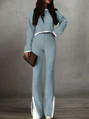 Women'S Short Color-Blocked Long-Sleeve Top with Solid Color Pants, a Casual And Stylish Outfit for Christmas