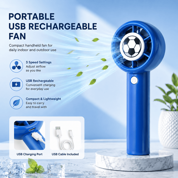 Portable Handheld Fan, USB Rechargeable Mini Fan with 3 Speed Settings, Compact Personal Cooling Fan for Home Office Travel Outdoor Use