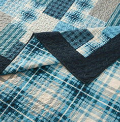 Reversible Patchwork Quilted Bedspread Set – Denim Blue Design, Soft Microfibre Cover with Cotton Filling & Matching Pillowcase (s)
