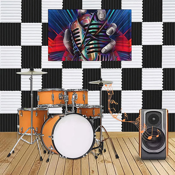 12pcs High-Density Studio Soundproofing Panels Speaker Isolation Pads Foam Mats Recording Soundproofing Materials. Suitable for Home Theater/Studio/Office, Black/White, Dimensions 30 X 30 X 2.5cm