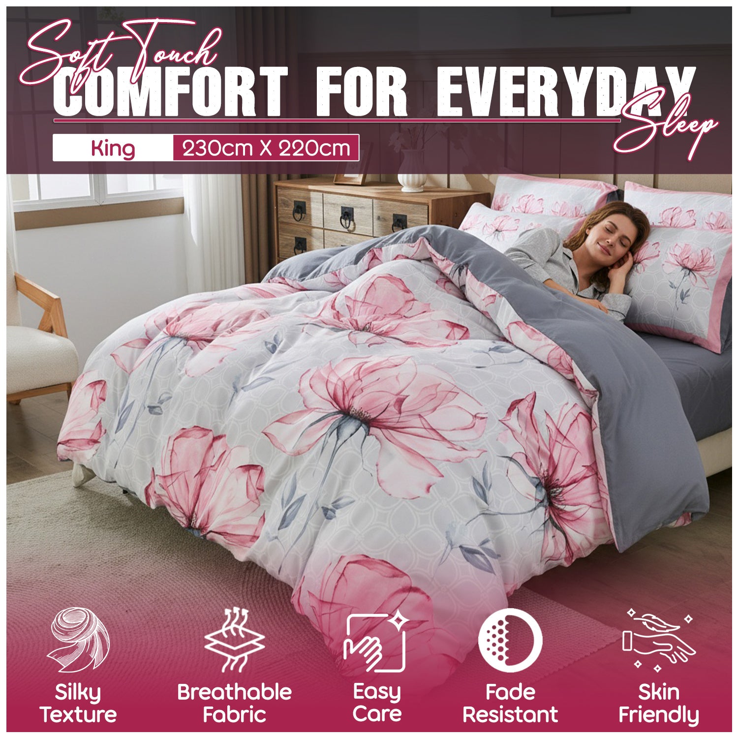Floral Printed Duvet Cover Set with Matching Pillowcases | Soft Microfiber Quilt Cover for Single, Double and King Beds | Lightweight and Breathable All-Season Bedding Set | Easy Care Fabric with Pink Flower Design for Modern Bedroom Décor | Local Warehou