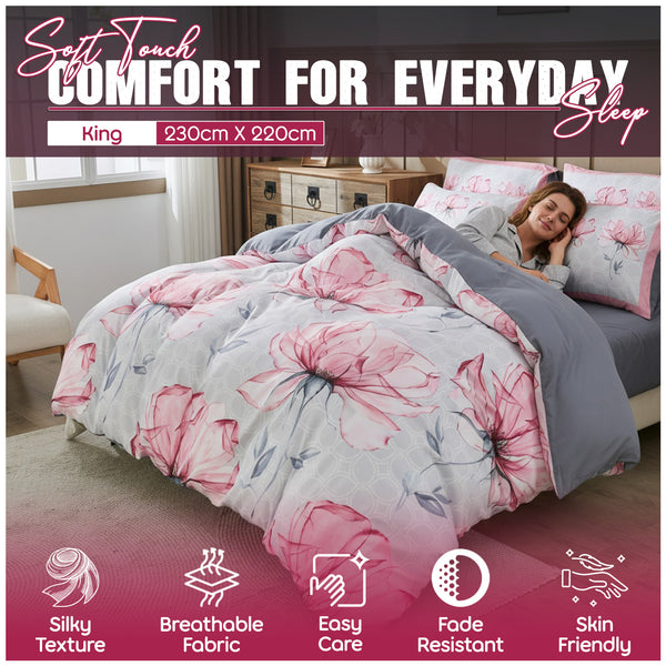 Floral Printed Duvet Cover Set with Matching Pillowcases | Soft Microfiber Quilt Cover for Single, Double and King Beds | Lightweight and Breathable All-Season Bedding Set | Easy Care Fabric with Pink Flower Design for Modern Bedroom Décor | Local Warehou