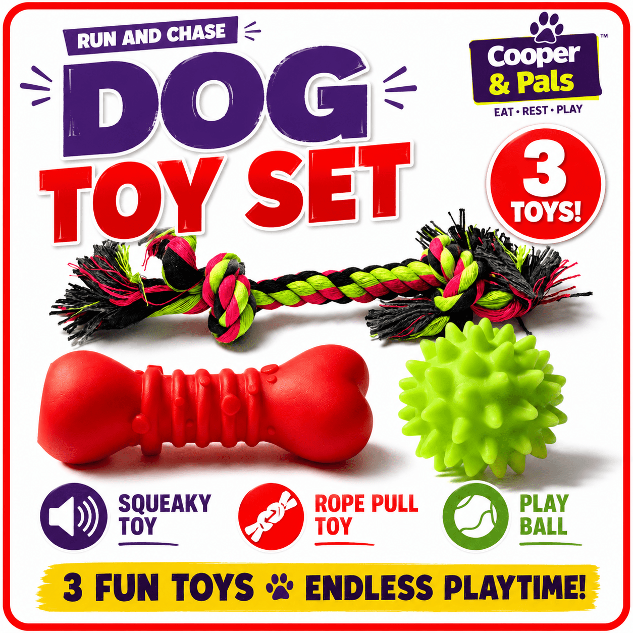 Mix It Play Pack 3pk Dog Toy Set | Includes Rope Pull Toy, Squeaky Bone & Play Ball | Durable, Lightweight Toys for Small & Medium Dogs | Great for Chewing, Tugging & Fetching