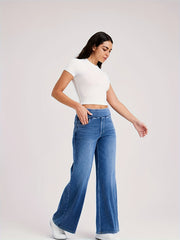 ' High Waisted Wide Jeans - Stretchy Pants with Multiple Pockets, -Washed - Casual Trousers for Jeanswear & Layering (Wide-Waisted Fit)