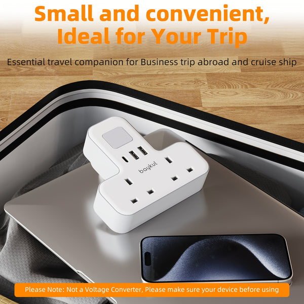 UK Plug Wall Extension Socket with 2 USB & 1 Type-C Ports, Adjustable Night Light Design for Bedroom/Kitchen, 2 AC Outlets Plug Adapter, 3250W Power Rating