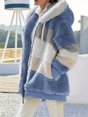 Women's Oversized Plush Flocking Jacket with Hood & Fur-Like Collar - Beige/Brown/Black/White Color-Block, Loose Fit Winter Coat, Drawstring Waist & Plush Pockets, Casual Streetwear Outerwear for Fall and Winter (Dry Clean Only), Seasonal Fashion, Colorbl