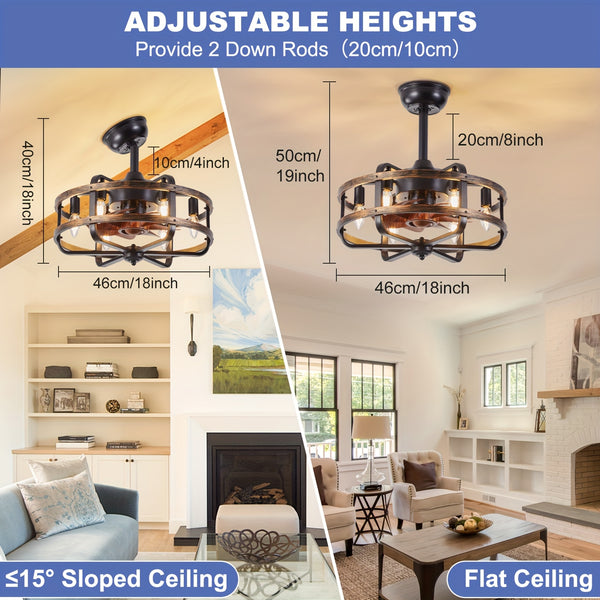 45.72cm Retro Industrial Ceiling Fan, Commercial Lighting E14*6 Bulb Base, Reversible 3 Wind Speed Fan Light, 1/2/4 Timed Operation Quiet, 2 Boom Adjustable Height, Tilted Low Ceiling Can Also Be Installed (Bulb Not Included)