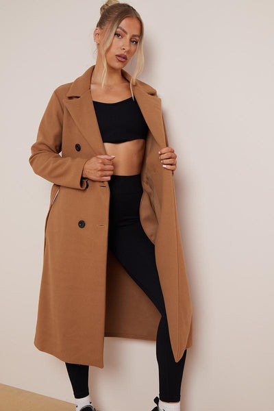 Women's Classy Solid Color Double Breasted Detachable Belted Pocket Pea Coat, Lapel Neck Long Sleeve Outerwear for Fall & Winter