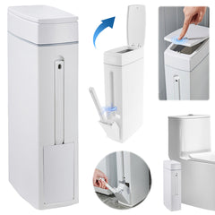 Slim Trash Can with Brush | Large Capacity Narrow Space Garbage Bin, Bathroom Waste Basket with Lid, Creative Home Cleaning Supplies, Plastic, Odor Sealing, No Electricity Needed