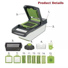15-In-1 Kitchen Tool for Preparing Salads, Fruits, And Vegetables, Including a Peeler, Cutter, Slicer, Dicer, And Chopper.