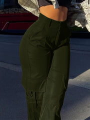 Flap Pocket Solid Color Cargo Pants, Y2K Slant Pocket Button Front Every Day Pants, Women's Clothing