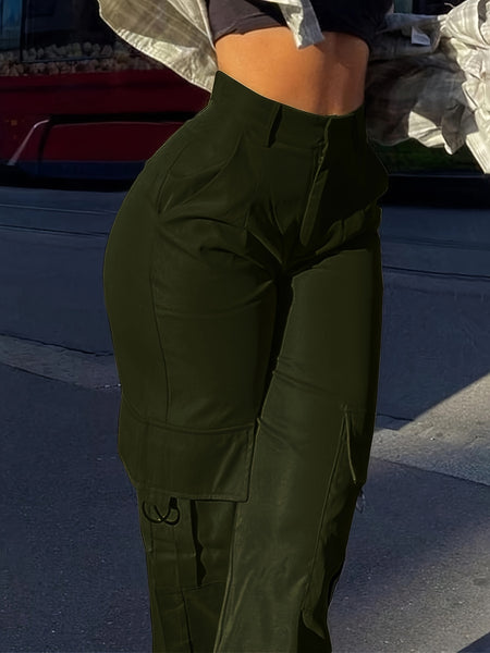 Flap Pocket Solid Color Cargo Pants, Y2K Slant Pocket Button Front Every Day Pants, Women's Clothing