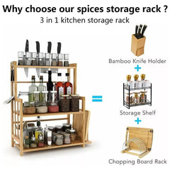 3 Tier Wooden Spice Rack Knife Holder Kitchen Organiser Shelf Stand Adjustable