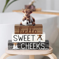 4pcs Wooden Highland (Cattle) Decor - 3 Rustic Scottish Figurines, Animal Blocks for Farmhouse Shelf, Tabletop, or Scottish-Themed Room Décor - Multi- Scottish Cattle Blocks