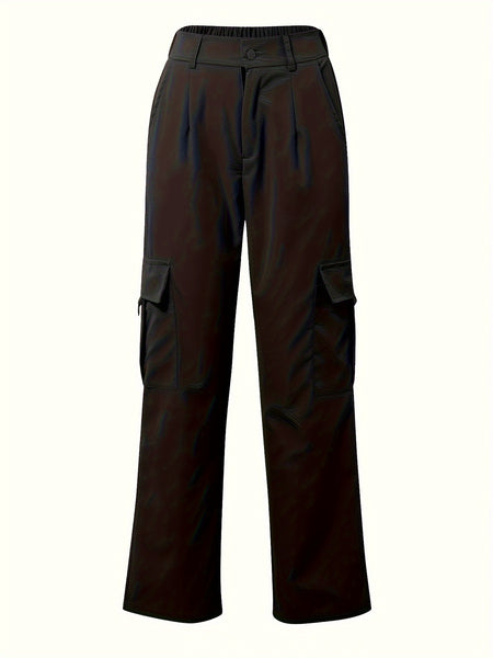 Flap Pocket Solid Color Cargo Pants, Y2K Slant Pocket Button Front Every Day Pants, Women's Clothing