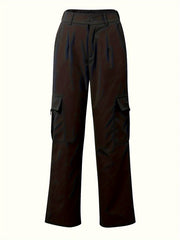 Flap Pocket Solid Color Cargo Pants, Y2K Slant Pocket Button Front Every Day Pants, Women's Clothing