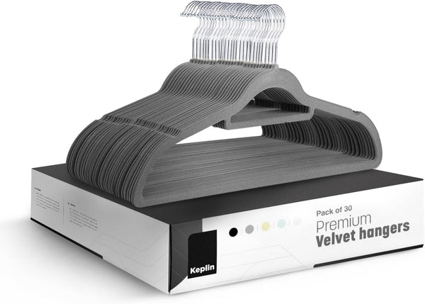 KEPLIN Velvet Hangers 20 Pack - Non-Slip Clothes Hangers with Tie Bar & 360° Hook - Durable & Sturdy, Space-Saving Wardrobe Organisers for Suits, Jackets & Clothes- Home Storage Solution (Black)