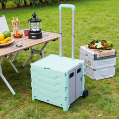 Grey/ Green Foldable Office Trolley, Portable Folding Shopping Trolley, Two-wheel Large-capacity Storage Box, Portable Pushable Shopping Cart Storage Box, Adjustable Railings
